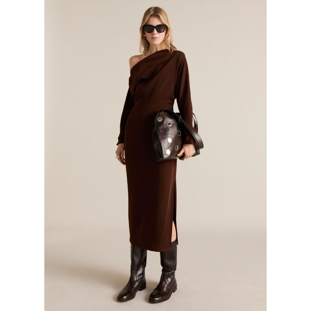 Mango Brown Asymmetrical One Shoulder Midi Dress With Gathered Sides